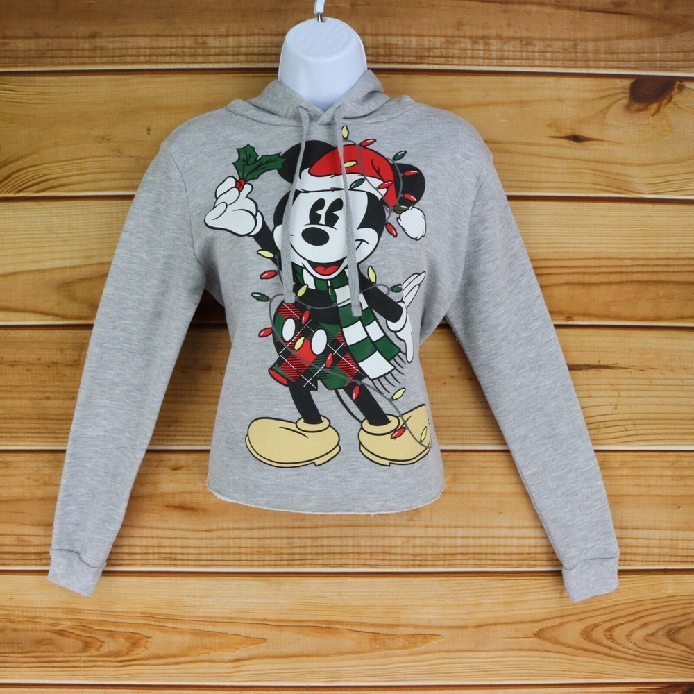Disney Christmas Mickey Mouse Cropped Sweatshirt Hoodie‎ Womens Size XS Gray
